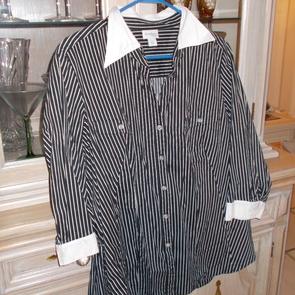 Dress Barn Black and White Striped Button-Down Shirt with Contrast Collar